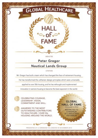 Globals Over 50s Hall-Of-Fame Certificate 2014 Peter Gregor Nautical Lands Group